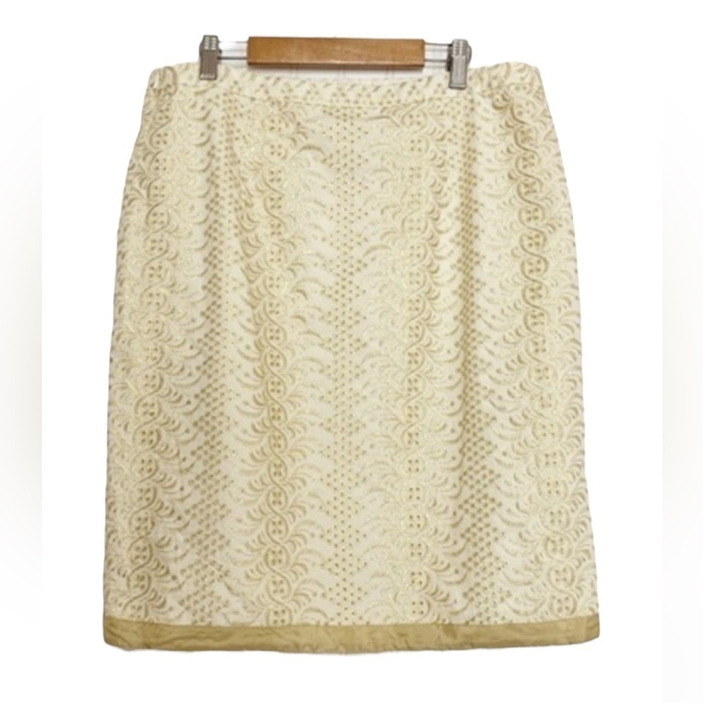 Banana Republic Gold Brocade Pencil Skirt 6P Petite Metallic Cream Mini